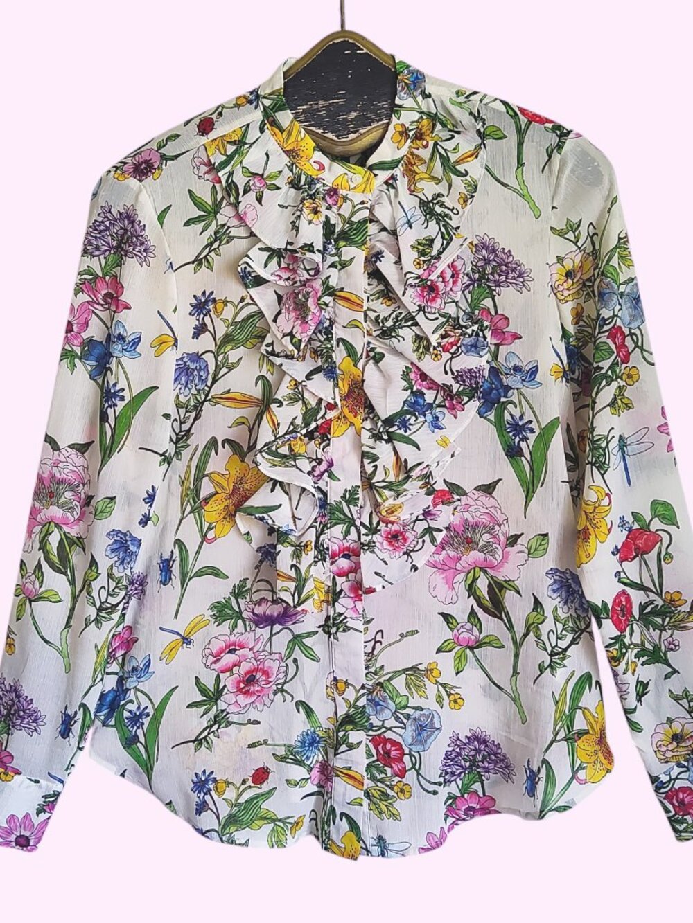 H&M Jabot Ruffle Button Front Blouse Floral Garden Dragonfly Print Sz 8